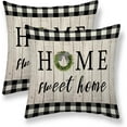 thumbnail image 1 of Spring Home Sweet Home Pillow Cover 16x16 Set of 2, Rustic Buffalo Plaids Wood Throw Pillow Covers Spring Wreath Farmhouse Decorative Linen Cushion Cases for Home Sofa Outdoor Decor, 1 of 6