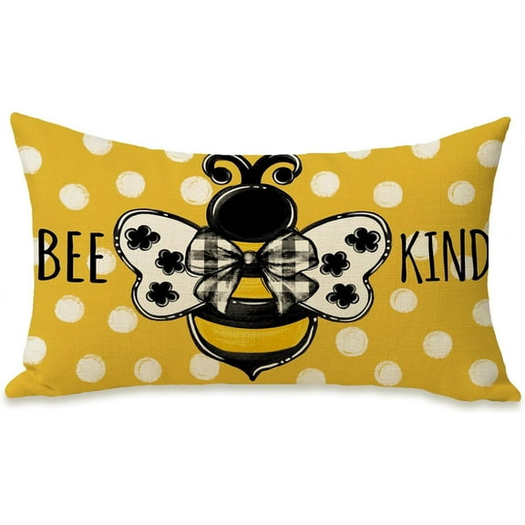 Spring Honey Bee Kind Lumbar Decorative Rectangle Pillow Cover 12 x 20, Summer Bumble Bee Yellow Porch Patio Outdoor Pillowcase, Polka Dots Seasonal Sofa Couch Cushion Case Home Decor