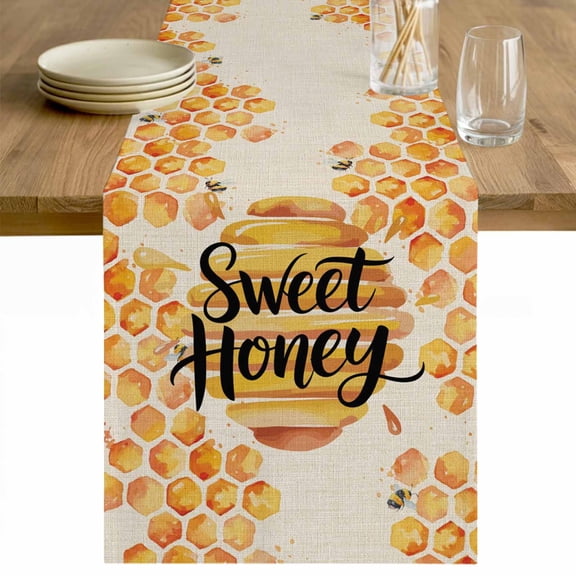 Spring Honey Bee Table Runner - 48 Inch Long Watercolor Bee Farmhouse Cotton and Linen Blended Dress Scarves Farmhouse Table Runner for Kitchen Dining, Coffee Table, 13" x 48"