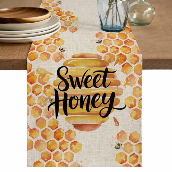 Spring Honey Bee Table Runner, Watercolor Bee Farmhouse Washable Cotton Linen Table Runners 36 Inches Long, Dresser Scarf Runner for Nightstand/End Tables/Round Tables 13''x36''