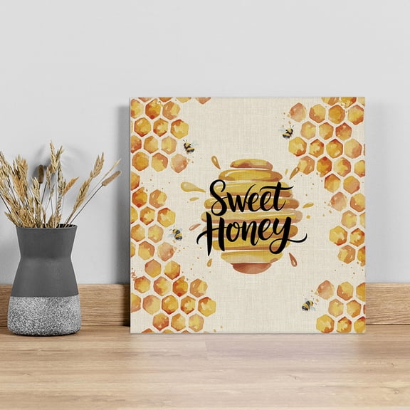 Spring Honey Bee Wall Art Painting on Canvas, Watercolor Bee Farmhouse Canvas Art Home Prints Wall Art Framed Modern Artwork for Living Room Bedroom Wall Decor 16x16in