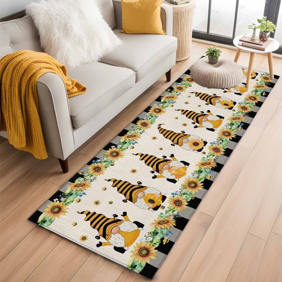 Spring Honey Gnomes 2'x6' Runner Rugs for Hallway Kitchen Bedside Non Slip Washable, Farmhouse Sunflower Black Checkered Entryway Rug Runners with Rubber Backing, Long Carpet Runner for Laundry Room
