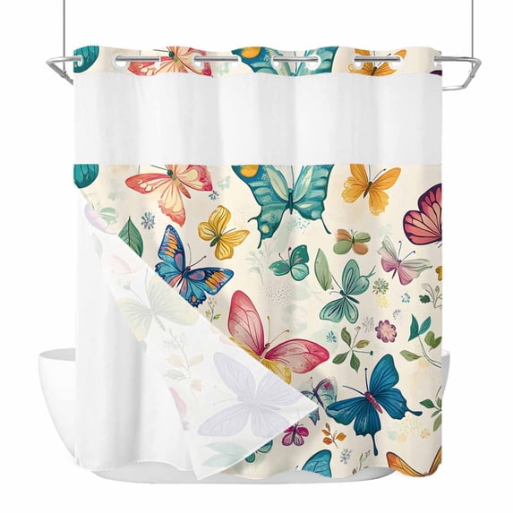 Spring No Hooks Shower Curtain with Snap-in Liner Gradient Red Yellow Blue Butterfly Watercolor Farmhouse Shower Curtains for Bathroom, Waterproof, Easy Install, Washable 72"x78"