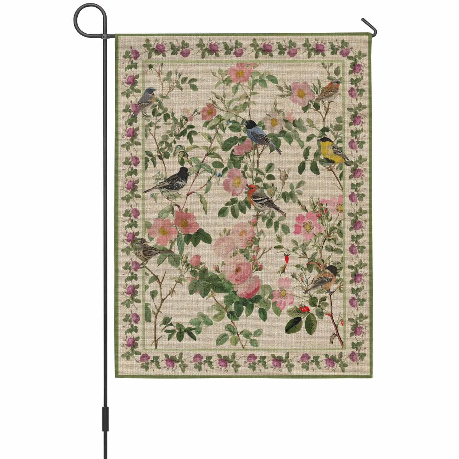 Spring House Flag 28 x 40 Inches, Oriental Traditional Ethnic Floral Birds Retro Linen Weather Proof Outdoor Patio Flags Double Sided Small House Decoration for Yard Lawn Outside Home
