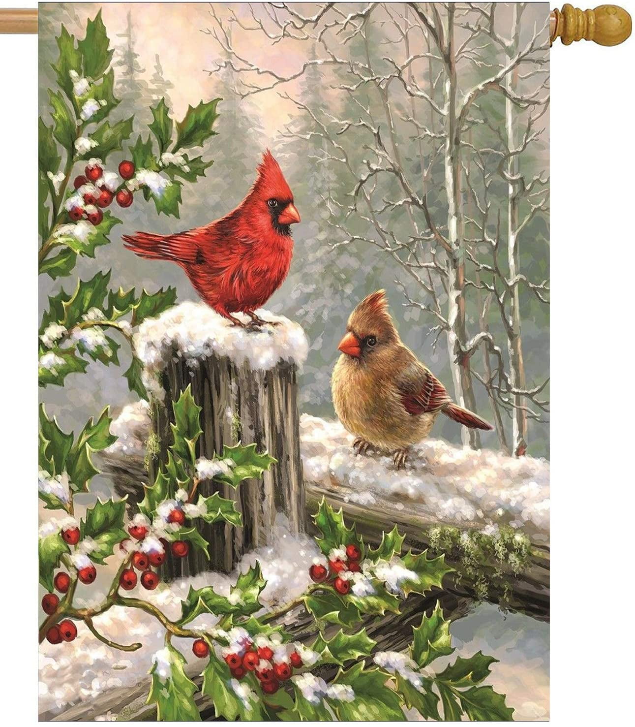 Spring House Flags 12 x 18 Double Sided, Cardinal Red Bird Holly Berry Branches Snow Welcome Winter Holiday Yard Outdoor Garden Flag Banner for Party Home Christmas Decorations