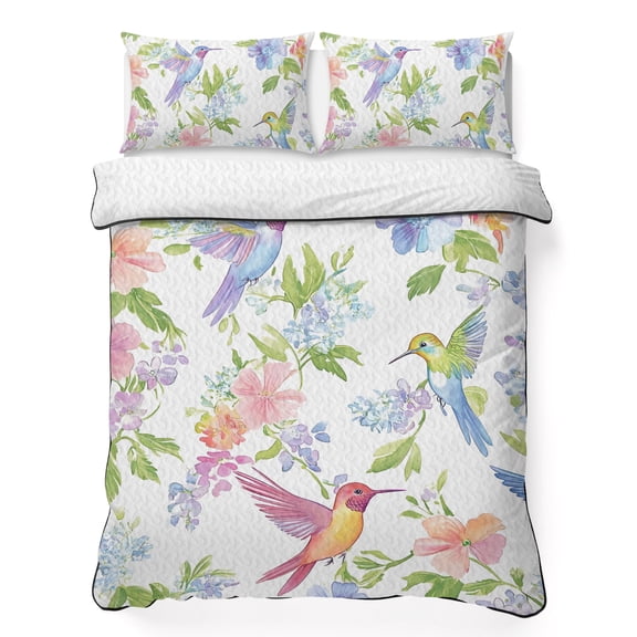 Spring Hummingbird 3 Piece Quilt Bedding Set with 2 Pillow Shams, Colorful Birds Lightweight Bedspread Coverlet, Soft Breathable All Season Quilt, 68 x 86 Inch