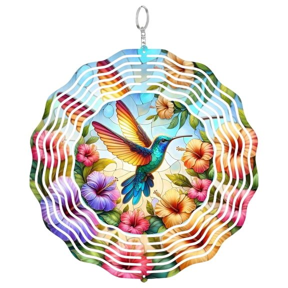 Spring Hummingbird 3D Wind Spinner, Bird Watcher Decor, UV Printed Metal Yard Art, Round