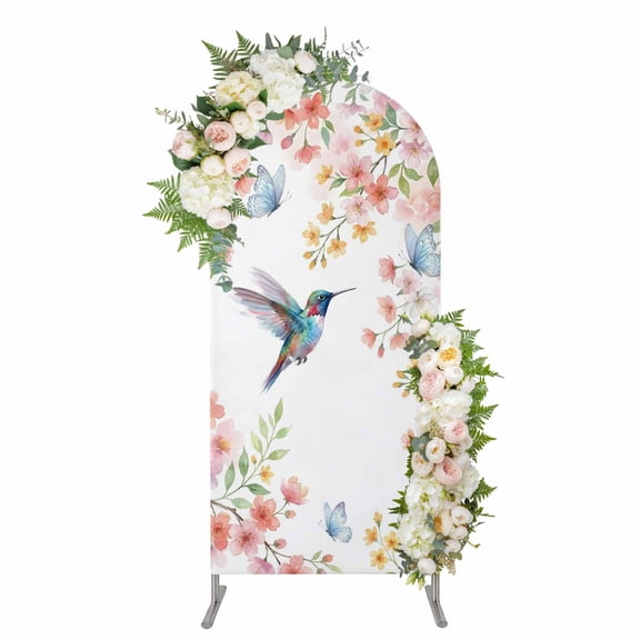 Spring Hummingbird Arch Backdrop Cover 5FT, Cherry Floral Butterflies Botanical Spandex Fitted Stretchy Arch Stand Covers, Round Top Chiara Backdrop Cover for Wedding Party Birthday Baby Shower