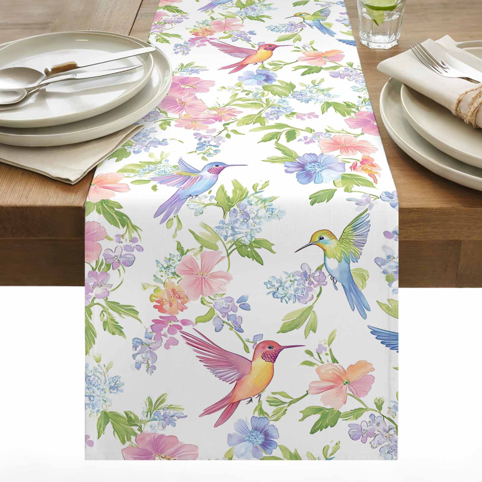 Spring Hummingbird Cotton Linen Table Runner Colorful Birds Dining Table Runners for Home Decor Party Dining Room Restaurant Kitchen 13" x 120"