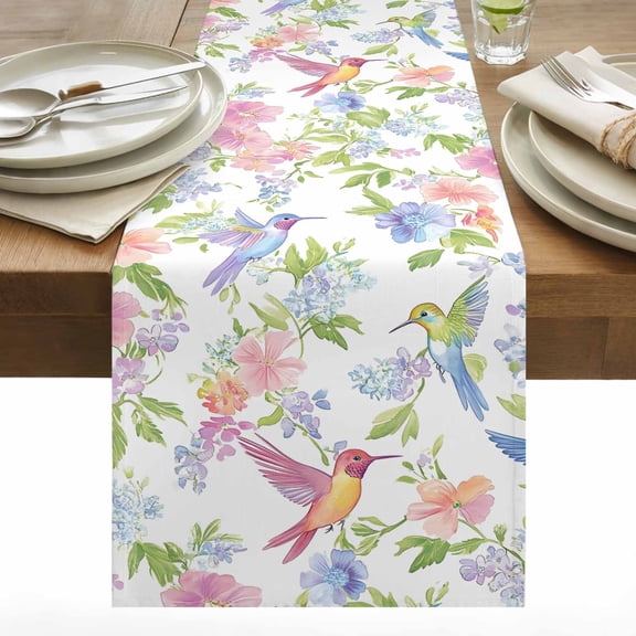 Spring Hummingbird Cotton Linen Table Runner Colorful Birds Dining Table Runners for Home Decor Party Dining Room Restaurant Kitchen 13" x 72"