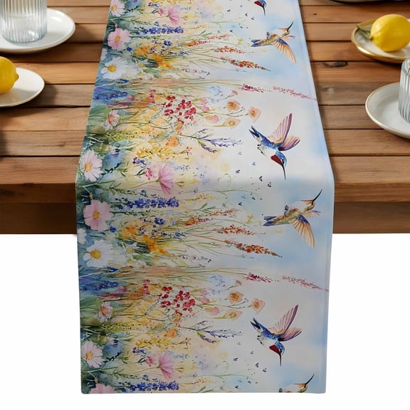 Spring Hummingbird Floral Cotton Linen Table Runner for Dining Kitchen, Farmhouse Flower Botanical Wedding Outdoor Party Tablerunners Decoration, Dresser Scarf Coffee Tablecloth Runners 13x72 Inches