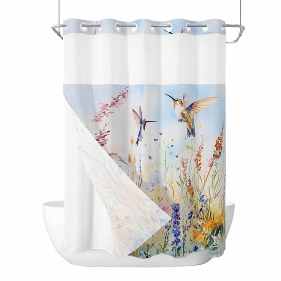 Spring Hummingbird Floral No Hook Shower Curtain Waterproof, Bathroom Curtains with Snap in Liners and See Through Top Window, Farmhouse Flower Botanical Hotel Style Bathtub Curtains Shower 60"Wx72"L