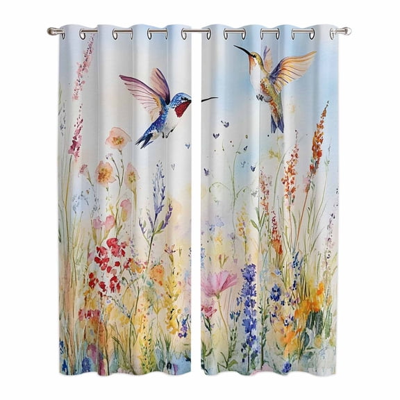 Spring Hummingbird Floral Kitchen Curtains 84 Inch Length, Farmhouse Flower Botanical Grommet Top Bedroom Living Room Curtains, Light Filtering Cafe Curtain Drapes 2 Panels Set 84''x84''