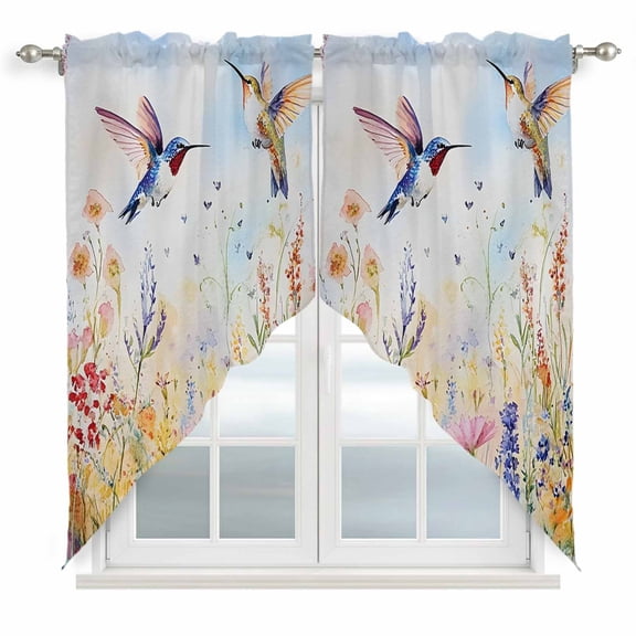 Spring Hummingbird Floral Kitchen Window Curtains, Swag Curtains Valance for Bedroom Living Room Bathroom, Farmhouse Flower Botanical Rod Pocket Window Treatment Curtain Block Drapes 2 Panels 28"x36"