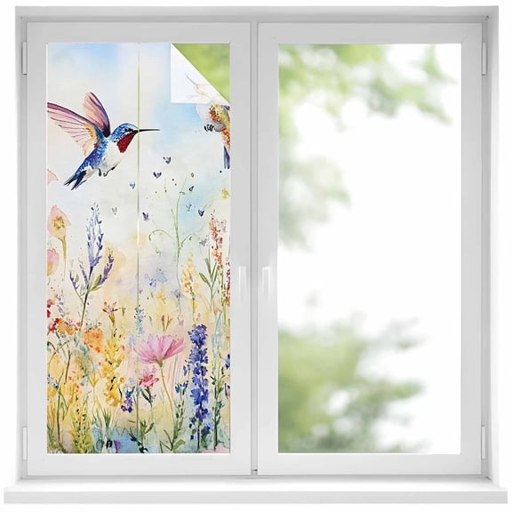 Spring Hummingbird Floral Privacy Window Film, Decorative Frosted Glass Window Film, Farmhouse Flower Botanical Reusable Peel and Stick Static Cling for Home Bathroom Office Glass Door 17.7"x39.3"