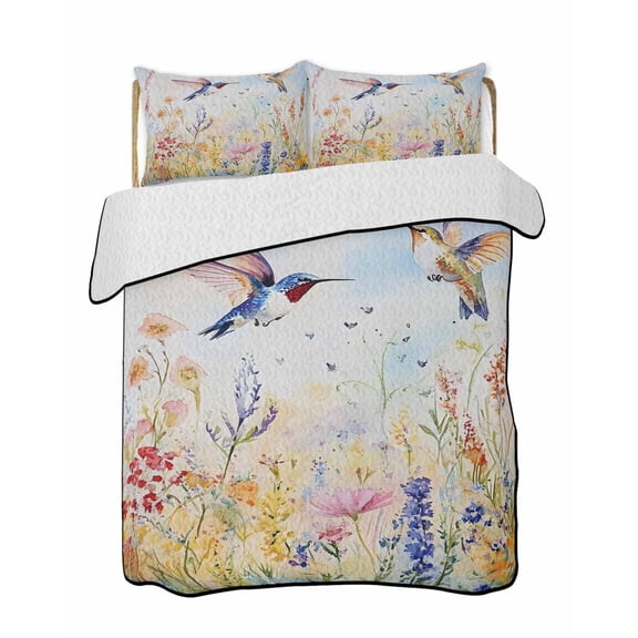 Spring Hummingbird Floral Summer Quilt Set Twin Size, Soft Microfiber Quilted Bedding Set with 2 Pillow Shams, Farmhouse Flower Botanical Lightweight All Season Bedspread Coverlet for Bedroom 68"x86"