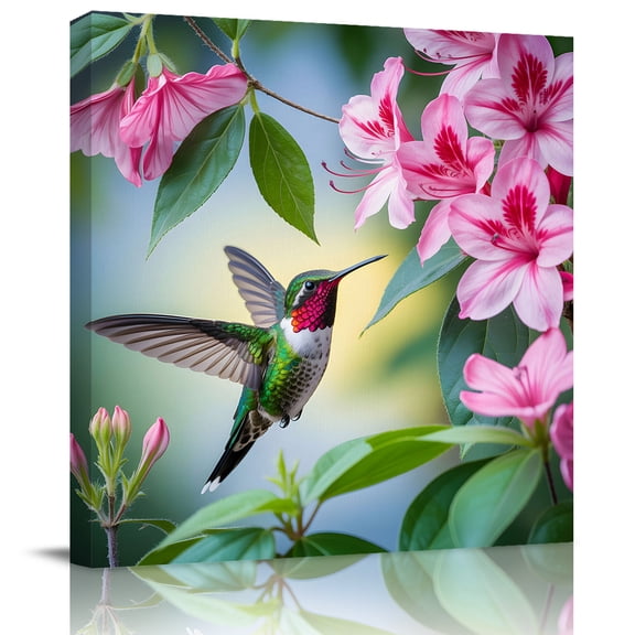 Spring Hummingbird Flower Leaf Canvas Artwork Painting Art, Pastoral Pink Floral Bird Square Framed Wall Decorations Prints Picture for Bedroom Kitchen Living Room, 8x8 in