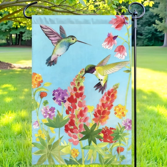 Spring Hummingbird Garden Flag, Watercolor Floral Yard Flag for Outdoor Patio & Lawn, Double Sided Decor, 12x18in