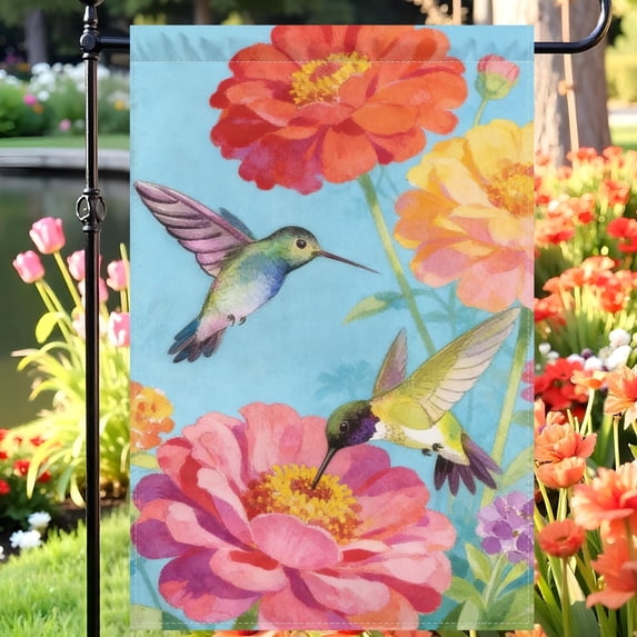 Spring Hummingbird Garden Flag, Watercolor Zinnia Floral Yard Flag, Large Double Sided Outdoor Decor for Patio Lawn, 28x40in