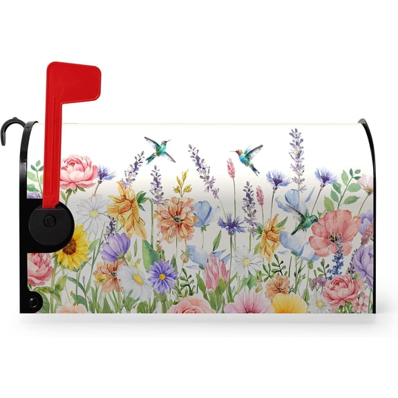 Spring Hummingbird Mailbox Covers Magnetic Standard Size 21x18 Inch Flowers Spring Summer Mailbox Cover Colorful Floral Post Letter Box Wraps Outside Decoration for Garden Yard