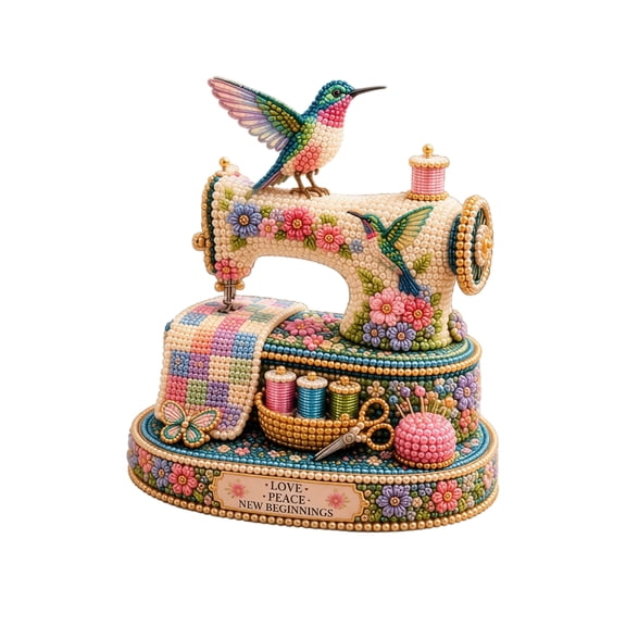 Spring Hummingbird Sewing Machine 3D Beaded DIY Kit, Beaded Hummingbirds Embroidery Kits, Hummingbirds Sewing Machine 3D Beading Kits, for Kids & Adults