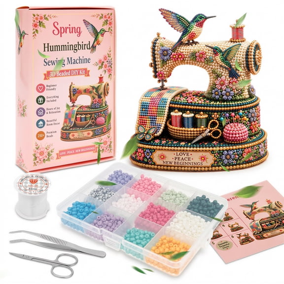 Spring Hummingbird Sewing Machine 3D Beaded DIY Kit Beginner Beaded Hummingbirds Craft Kits Vintage Home Decor for Mom Craft Lovers