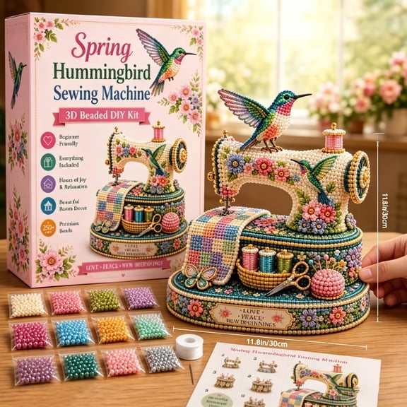 Spring Hummingbird Sewing Machine 3D Beaded DIY Kit, Complete Premium Bead Accessories Diamond Art Set for Beginner Craft Lovers Sewing Room Decor
