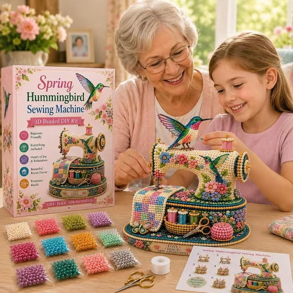 Spring Hummingbird Sewing Machine 3D Beaded Diamond Art DIY Kit, Limited Collector Edition, Vintage Floral Home Decor Gift for Mom and Craft Lovers