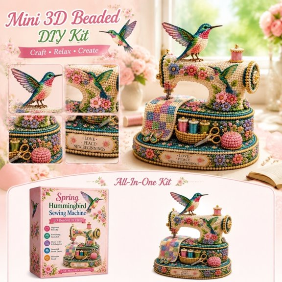 Spring Hummingbird Sewing Machine 3D Beading DIY Kit, Vintage Floral Craft Project for Beginners, Mindful Home Decor Crafting Kit with Pre-Printed Canvas & Assorted Beads