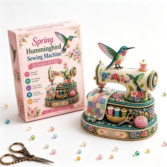 Spring Hummingbird Sewing Machine Bead Art Set,3D Beaded DIY Kit, Complete Beads for Sewing Craft Kit for Beginners & Craft Lovers