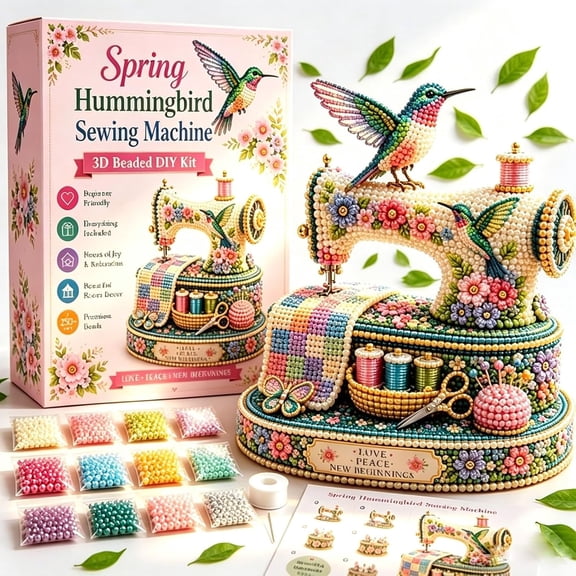 Spring Hummingbird & Sewing Machine Bead Craft,3D Beaded Art Kits, Decorative 3D Beaded Ornament, Beads for Sewing for Home & Desk Decor