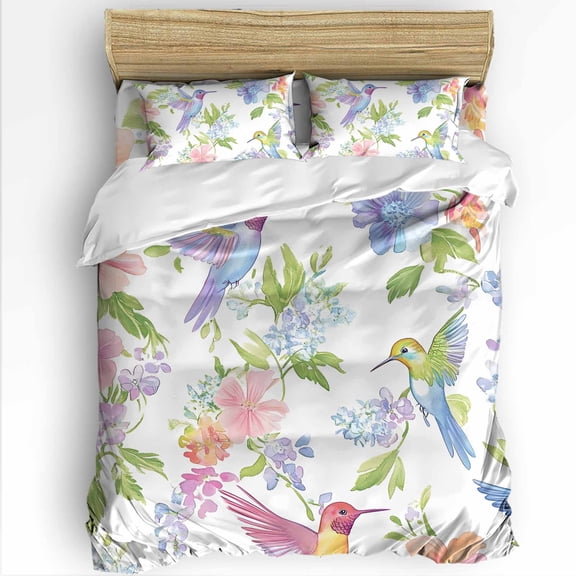 Spring Hummingbird Twin Size Comforter Set, Colorful Birds Floral Soft Bedding for All Seasons, 4 Pcs Bed Set with 1 Comforter (68"x86") ,1Sheet(66"x116"), 2 Pillowcases (19"x29")