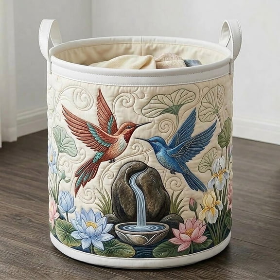 Spring Hummingbirds Quilted Laundry Basket: Peaceful Spirit Foldable Hamper