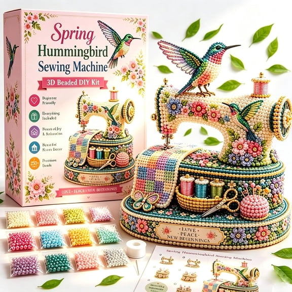 Spring Hummingbirds Sewing Machine, 3D DIY Kit Limited Keepsake Edition, Limited Collector Edition Beginner Diamond Art Keepsake, Vintage Floral Sewing Room Home Decor Gift for Mom Craft Lovers