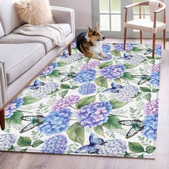 Spring Hydrangea Area Rugs 4x6 ft Watercolor Purple Pink White Floral Leaf Butterfly Washable Rug Non Slip Indoor Carpet Absorbent Floor Mat for Living Room Bedroom Dining Room