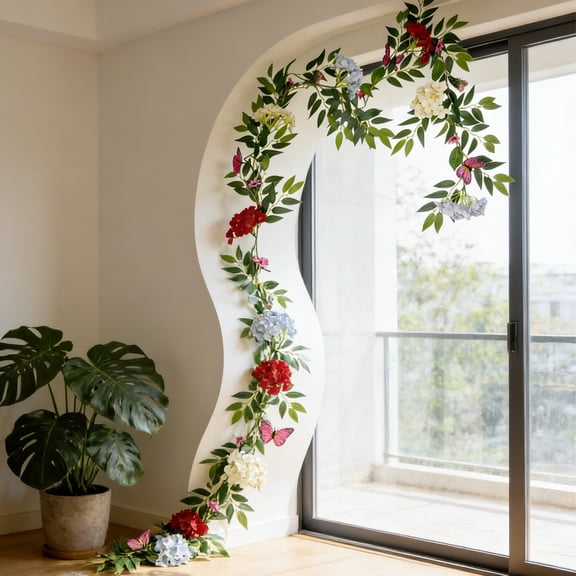 Spring Hydrangea Artificial Flower Vine Wreath, Faux Rattan Floral Decoration, Easter and Holiday Home Decor, Front Door Wall Table Accent, Seasonal Festive Ornament Red