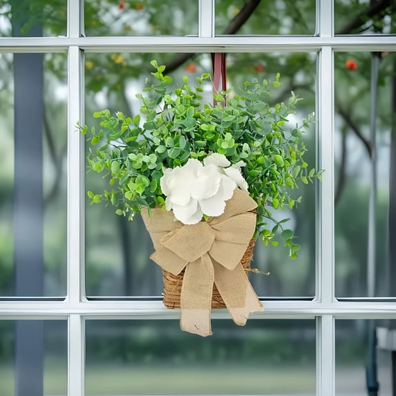 Spring Hydrangea Basket Garland - Simulation Rattan Door Hanging Basket with Cloth Ribbon Bow for Front Door Entry, 11.8 x 17.7 in, (White), Ccwuwei