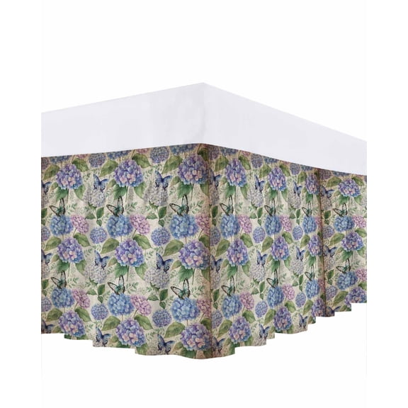 Spring Hydrangea Bed Skirt King Size 18 Inch Drop, Watercolor Purple Pink White Floral Leaf Paper Adjustable Elastic Dust Ruffles Bedskirt for King Bed Wrap Around Pleated Mattress Frame Cover