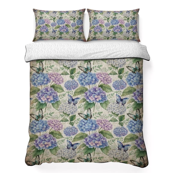 Spring Hydrangea California King Quilt Bedding Set, Watercolor Purple Pink White Floral Leaf Vintage Paper Lightweight Comforter with 2 Pillow Shams Bedroom Bedspread Set Home Decor for All Seasons