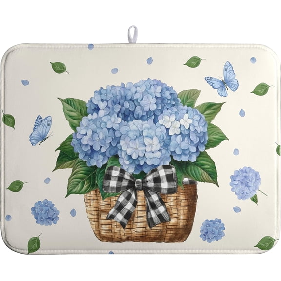 Spring Hydrangea Dish Drying Mats Spring Summer Floral Dish Mat Blue Flowers Butterfly Drying Matt Dishes Dryer Pad for Kitchen Counter Absorbent Microfiber Washable Foldable Reusable 18x24 in