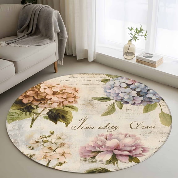 Spring Hydrangea Floral 3ft Area Rug, Vintage Botanical Flowers Washable Non-Slip Small Round Rugs for Entryway Bedroom Kitchen, Soft Circle Carpet for Dining Room, Playroom Nursery Rug