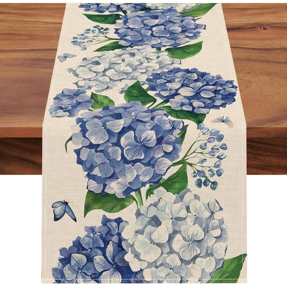 Spring Hydrangea Floral Flowers Table Runner, Blue Butterfly Kitchen ...