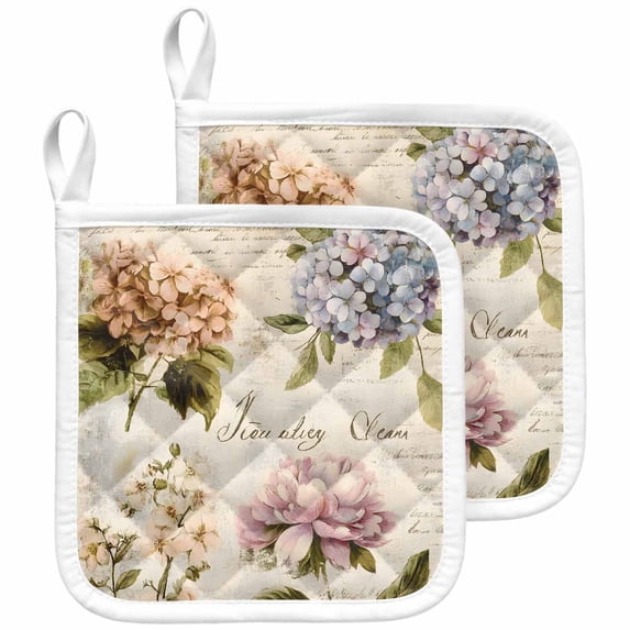 Spring Hydrangea Floral Pot Holders for Kitchen Heatproof Potholder, 2 Pack Vintage Botanical Flowers Hot Pads Multipurpose Oven Pads Cloth Potholders Trivet for Cooking and Baking