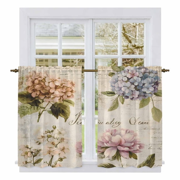 Spring Hydrangea Floral Tier Curtains, Vintage Botanical Flowers Light Filtering Kitchen Curtains, 2Pcs Rod Pocket Half Window Treatments Panels for Sink Cafe Cabinet Basement 27.5x45 Inches