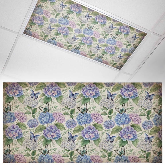 Spring Hydrangea Fluorescent Light Covers Watercolor Purple Pink White Floral Leaf Vintage Paper Magnetic Light Filters Ceiling Lighting Panel Shade for Classroom Office Home 2 x 4 ft, 1 Pack