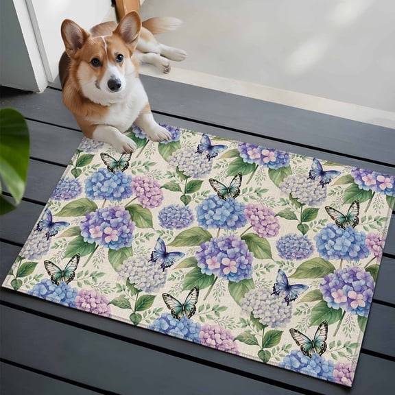 Spring Hydrangea Front Door Rugs 2x3 ft Watercolor Purple Pink White Floral Leaf Linen Texture Small Rug for Entryway Non Slip Washable Bathroom Door Mat Absorbent Floor Mat for Indoor Entrance