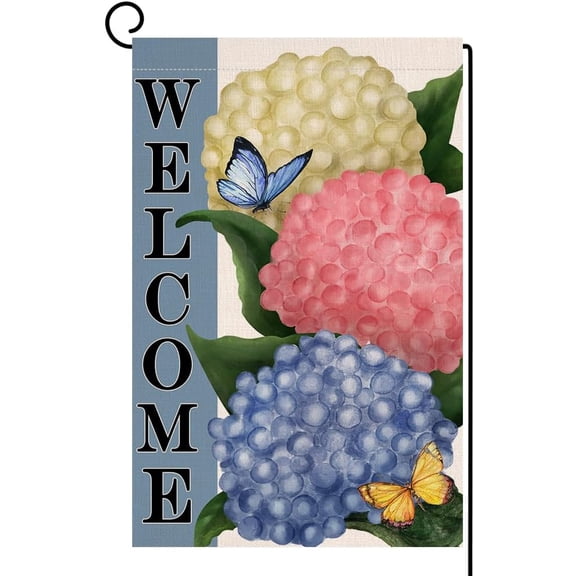 Spring Hydrangea Garden Flag 12x18 Vertical Double Sided Welcome Flowers Butterfly Summer Farmhouse Holiday Outside Decorations Burlap Yard Flag BW780