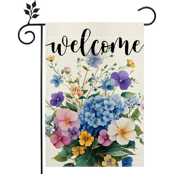 Spring Hydrangea Garden Flag Spring Summer Colorful Floral Flowers Welcome Garden Flag for Outside, Double Sided Burlap Farmhouse Lawn Yard Flag Outdoor Decorations 12x18 Inch(Only Garden Flag)