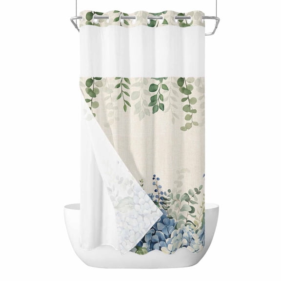 Spring Hydrangea No Hooks Shower Curtain with Snap-in Liner Blue Flower Green Leaf Vintage Linen Plant Shower Curtains for Bathroom, Waterproof, Easy Install, Washable 36"x78"