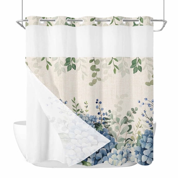 Spring Hydrangea No Hooks Shower Curtain with Snap-in Liner Blue Flower Green Leaf Vintage Linen Plant Shower Curtains for Bathroom, Waterproof, Easy Install, Washable 72"x78"